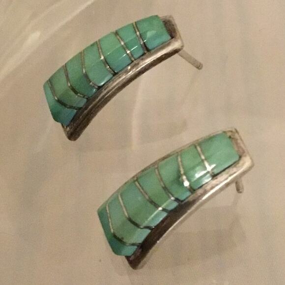 Vintage Zuni Darren Tsalate Turquoise Channel Inlay Earrings - Picture 4 of 5